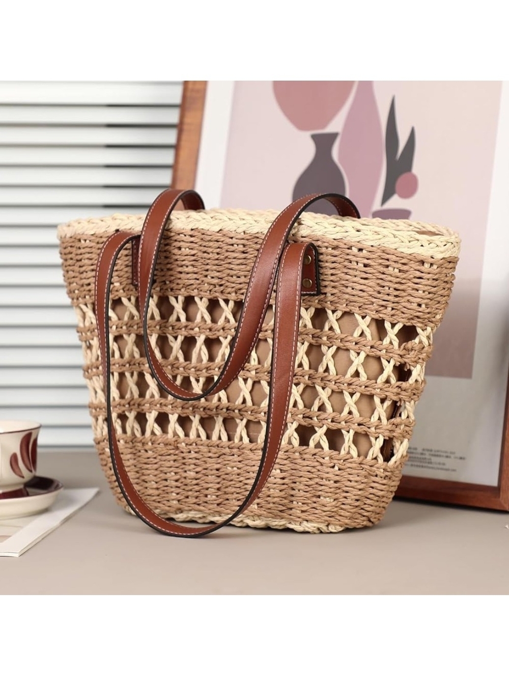 Woven Straw Tote Bag with Brown Leather Handles